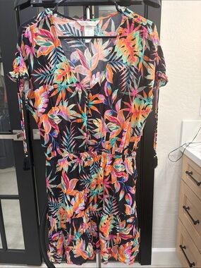 La Blanca Black Tropical Leaf Print Tie-Waist Dress